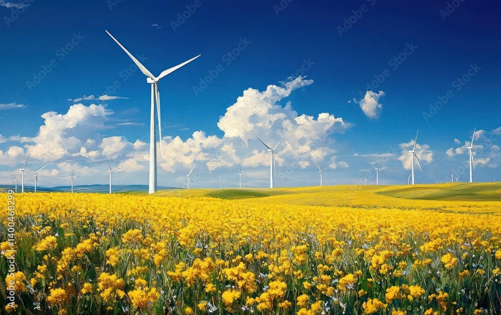 Renewable Energy Landscape with Wind Turbines in Blooming Rapeseed Field in Romania Renewable Energy Landscape with Wind Turbines in Blooming Rapeseed Field in Romania