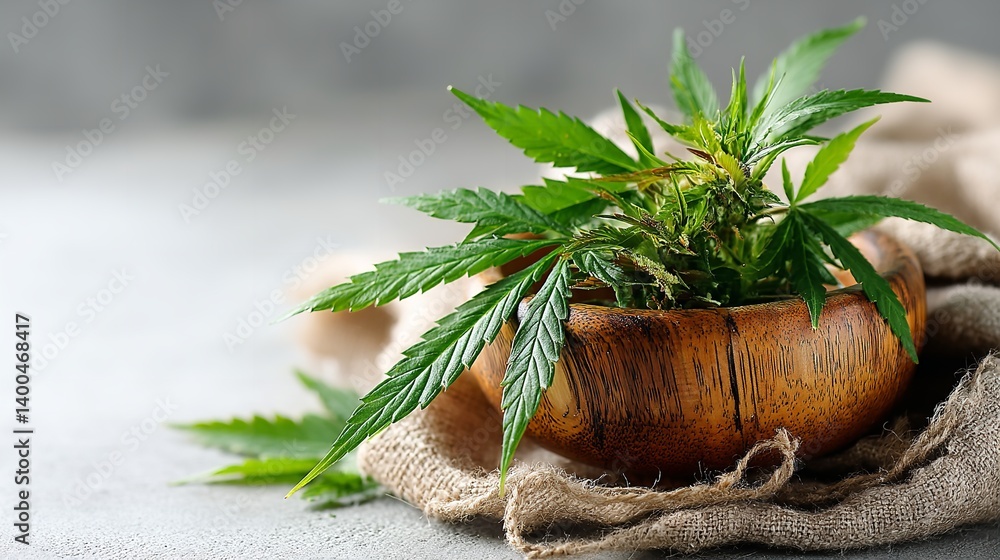 Fototapeta premium Cannabis Flower in Wooden Bowl with Leaf on Light Background, Aerial View – Natural Herb Concept for Medical and Recreational Use