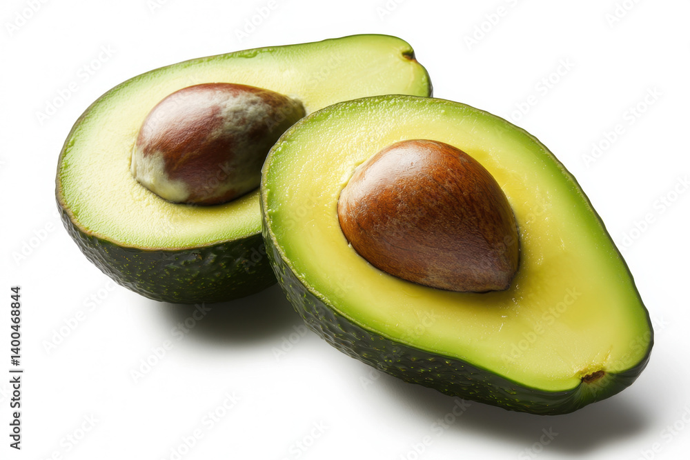 Isolated fresh avocado ingredients perfectly sliced in half captured against a clean white background highlighting its rich texture and creamy interior for culinary inspiration