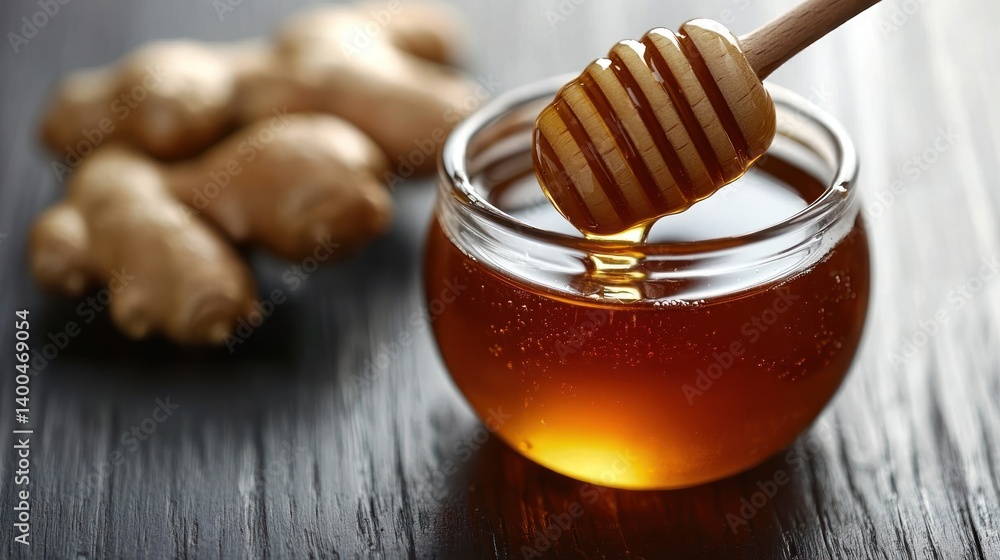 Honey dripping from honey dipper into glass bowl with ginger root. Honey dripping from honey dipper into glass bowl with ginger root.