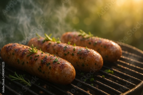 Grilling Flavorful Sausages With Herbs in a Backyard During Sunset