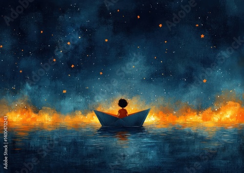 Child in Paper Boat on Deep Blue Sea with Mother Love and Hope for Migration and Dream