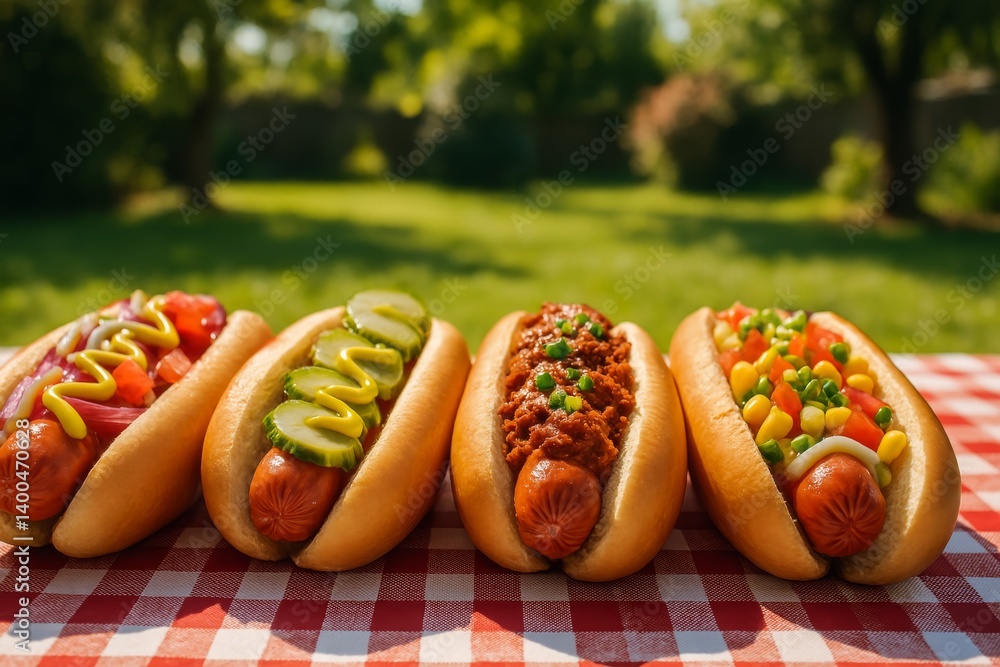 Hot Dogs With Various Toppings on a Picnic Table in a Sunny Park Setting