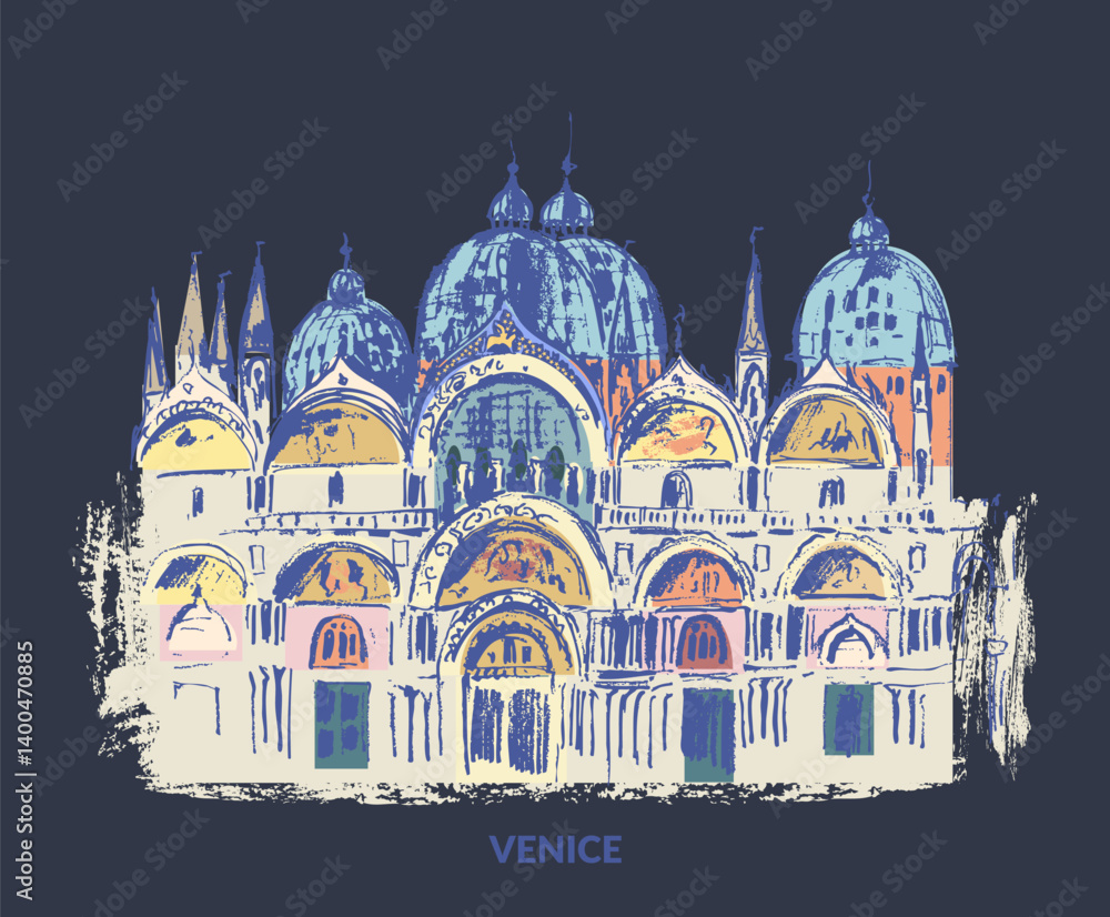 Fototapeta premium Hand drawn architecture urban sketch. Colored black ink landscape line drawing of Italy ancient city. Romantic travel background for cards and posters