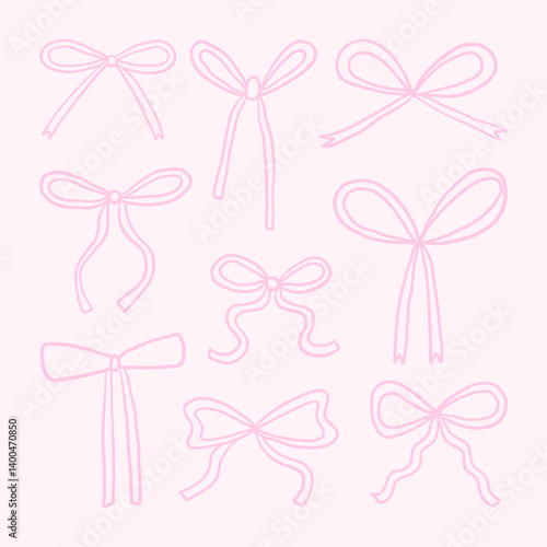 Pastel Pink Hand Drawn Ribbon Bow. A charming collection of 9 pastel pink ribbon bows with various shapes from curly to symmetrical all in soft hand drawn outline style