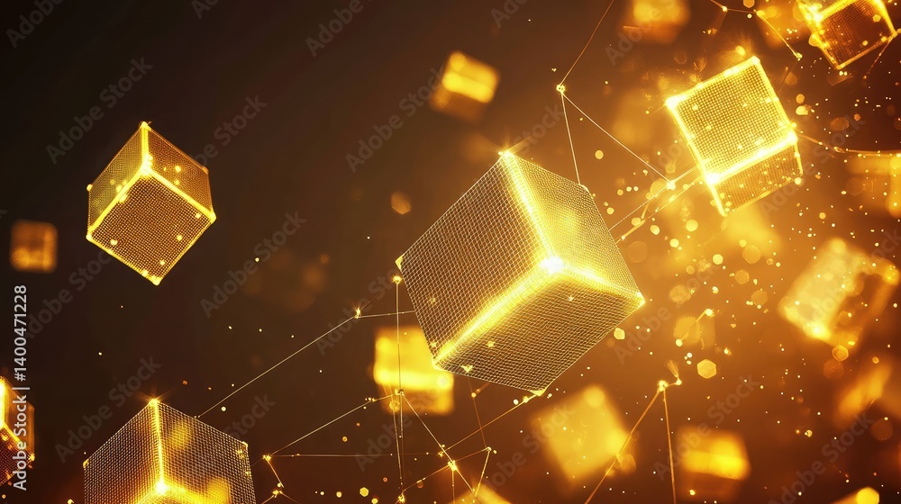 Abstract floating cubes in a glowing matrix grid background with copy space in the middle Abstract floating cubes in a glowing matrix grid background with copy space in the middle