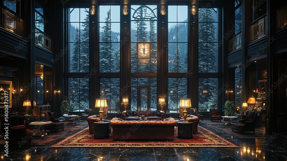 Fototapeta premium A grand winter living room with panoramic snowy views.