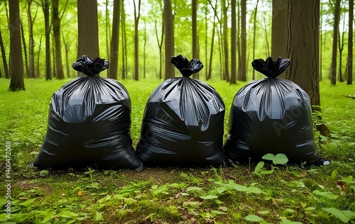 Plastic bags full of garbage in the forest, Trash bags in the forest