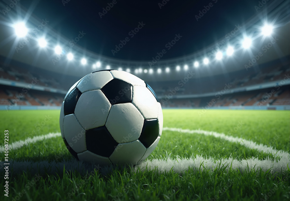 Fototapeta premium Soccer ball on football stadium. Sport game with ball on grass field, arena with bright lights and green lawn.