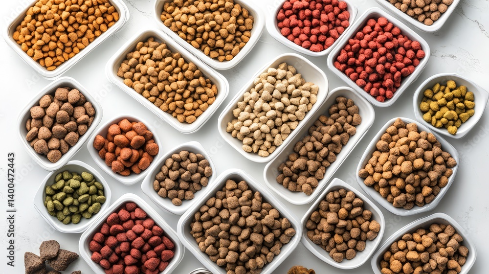 A flat lay of a variety of pet food bags, bowls, and chew toys, leaving clear space for overlay text or a logo A flat lay of a variety of pet food bags, bowls, and chew toys, leaving clear space for overlay text or a logo