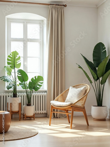 Neutral interior room filled with greenery and light