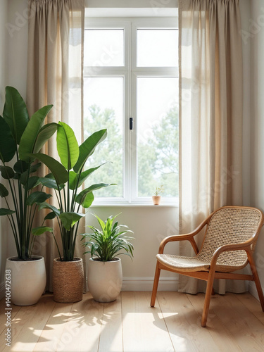 Peaceful indoor corner with ferns and wood textures