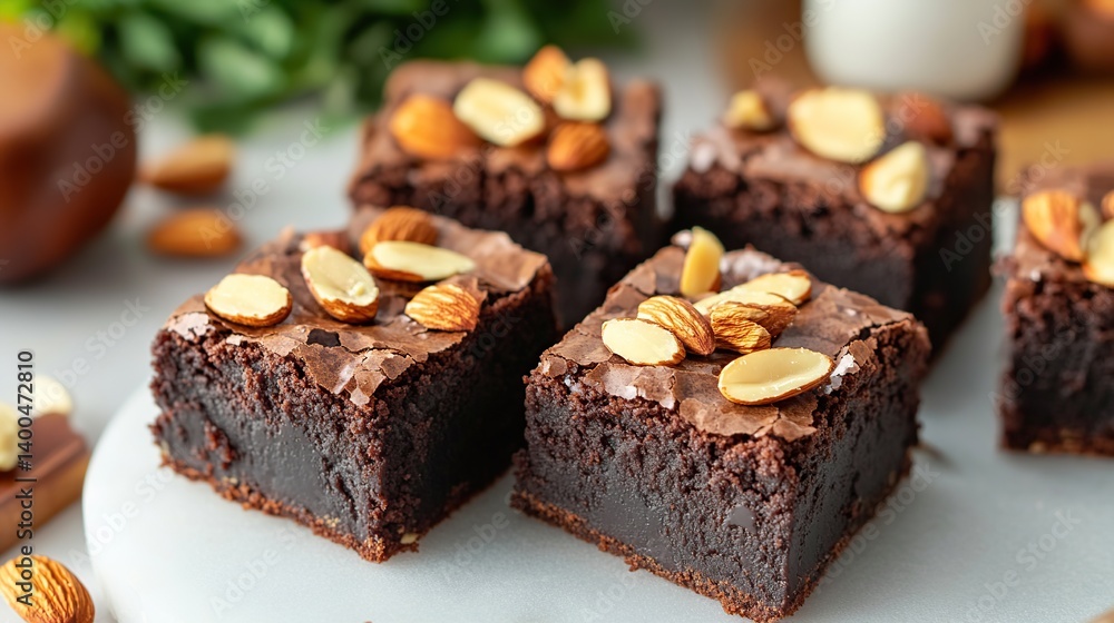 Thick and fudgy brownies with almond nuts on top, decadent and mouthwatering
