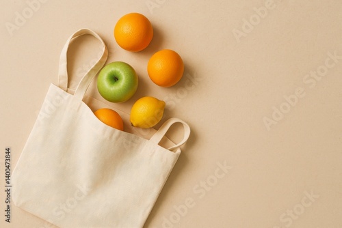 Fresh Fruits in a Reusable Bag on a Beige Background During Daylight