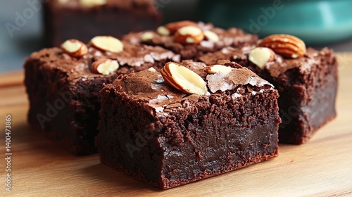 Obraz na płótnie Thick and fudgy brownies with almond nuts on top, decadent and mouthwatering w salonie