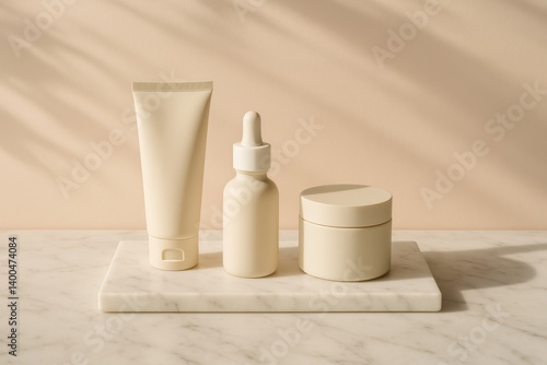 Natural Skincare Products Displayed on a Marble Surface With Warm Shadows and...