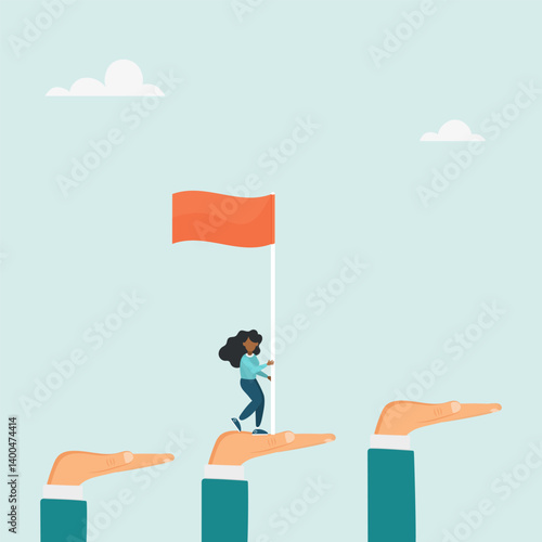 Character jumping up giant hand growth ladder to move towards goal. Mentoring to help employee achieve success. Vector illustration.
