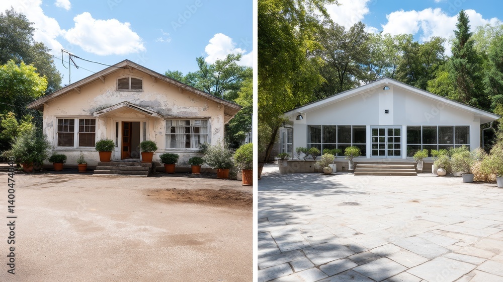 A weathered 1920s bungalow showcases its aging facade while a modern glass-and-steel extension highlights contemporary design. Both structures share the same perspective A weathered 1920s bungalow showcases its aging facade while a modern glass-and-steel extension highlights contemporary design. Both structures share the same perspective
