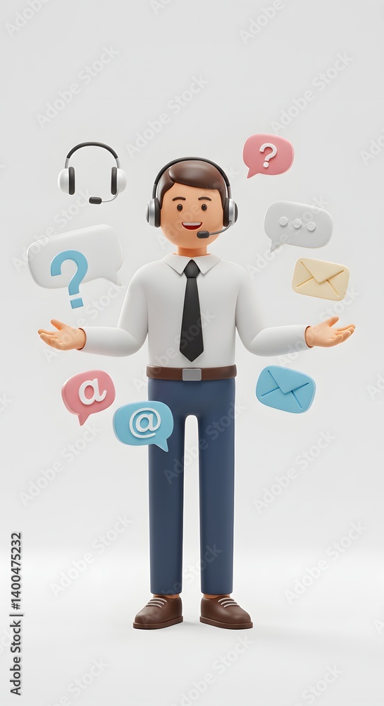 Cartoon man with a headset surrounded by speech bubbles and email symbols on a white background Cartoon man with a headset surrounded by speech bubbles and email symbols on a white background