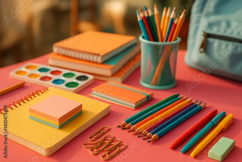Colorful Stationery Arranged on a Vibrant Desk in a Cozy Workspace