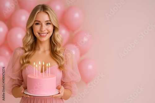 Celebrating a Special Birthday With a Pink Cake and Joyful Candles in a Vibra...