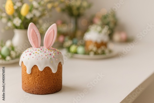Easter Themed Dessert With Bunny Ears and Colorful Decorations on a Spring Table