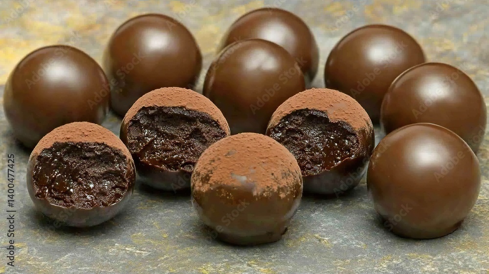 Dark chocolate truffle with smooth cocoa powder coating, creamy chocolate ganache inside
