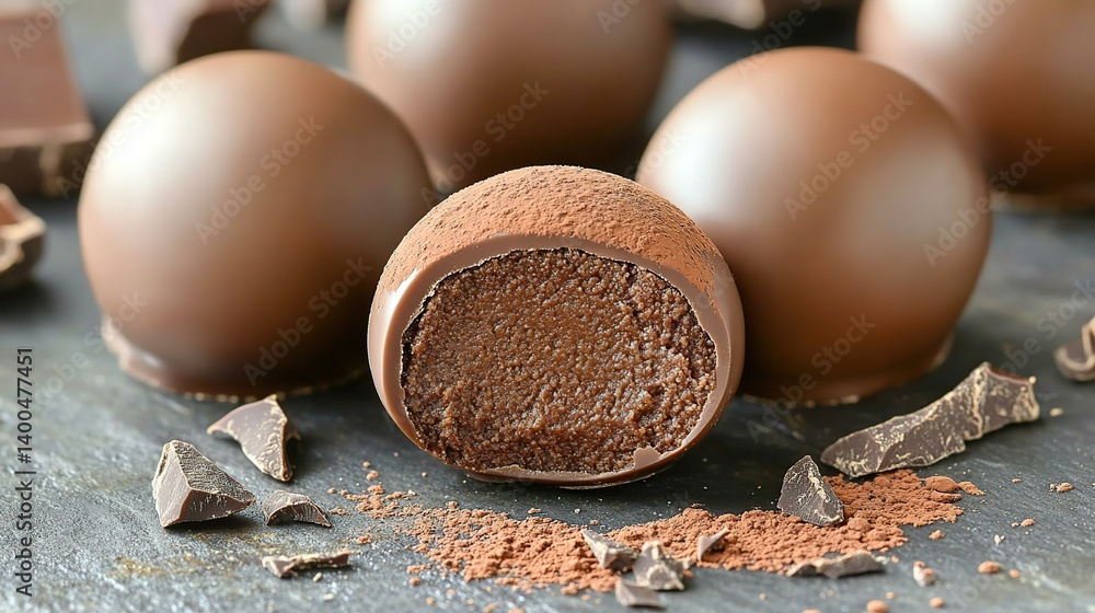 Dark chocolate truffle with smooth cocoa powder coating, creamy chocolate ganache inside
