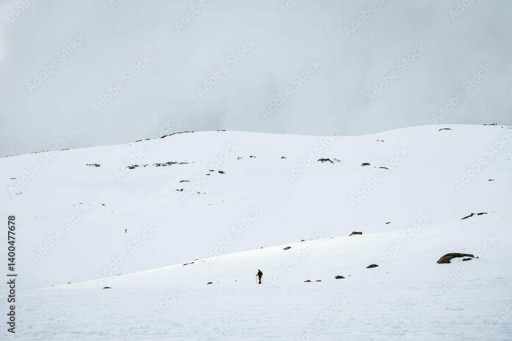 Lone hiker with trekking poles in the vast snowy expanse of Sierra de Gredos, Spain, under overcast skies in a minimalist and remote alpine winter landscape Lone hiker with trekking poles in the vast snowy expanse of Sierra de Gredos, Spain, under overcast skies in a minimalist and remote alpine winter landscape