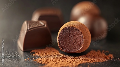 Dark chocolate truffle with smooth cocoa powder coating, creamy chocolate ganache inside