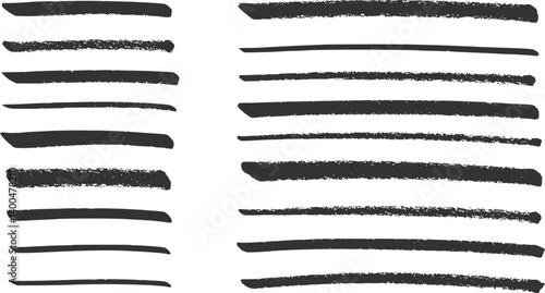 Chalk lines, charcoal highlight strokes doodle set. Pencil underlines, kids crayon strips, brush line in sketch style. Grunge texture. Hand drawn vector illustration isolated on white background
