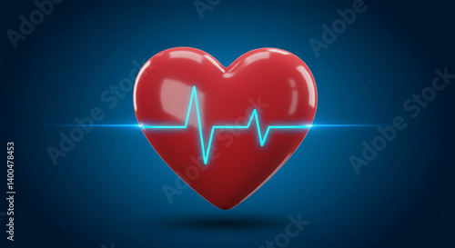 A red heart with a blue heart rate line on a blue background in a medical illustration design