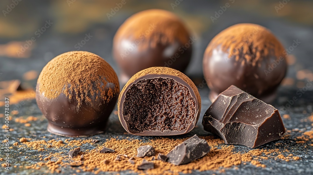 Dark chocolate truffle with smooth cocoa powder coating, creamy chocolate ganache inside