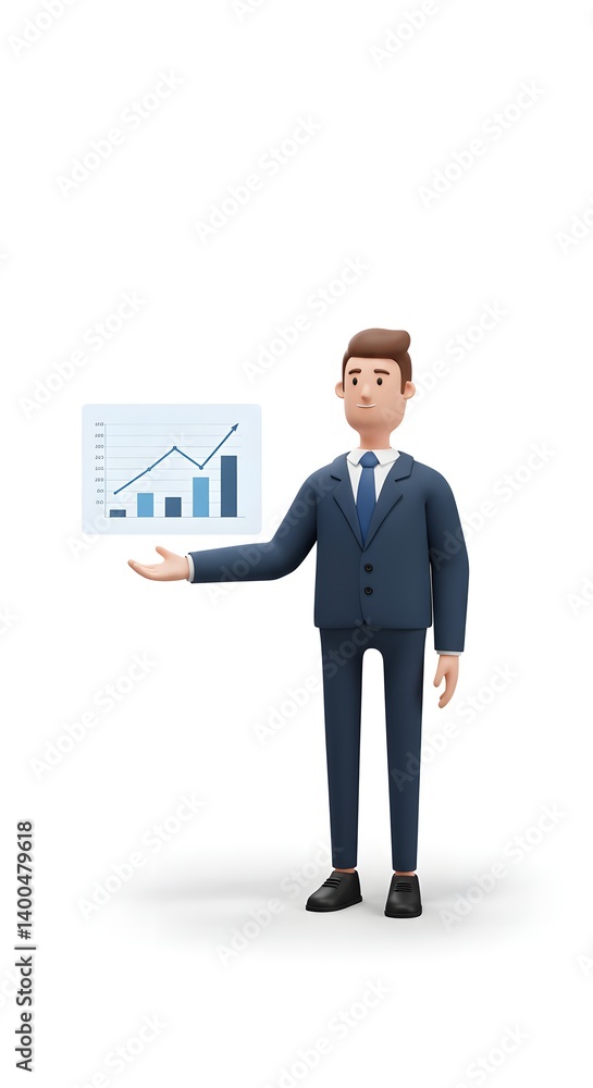 Cartoon man in suit presenting a growth chart with an upward trending line and blue columns shown Cartoon man in suit presenting a growth chart with an upward trending line and blue columns shown
