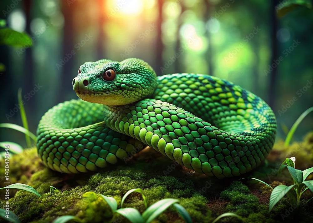 Fototapeta premium Green Tree Viper Close-Up: Coiled on Forest Floor with Bokeh