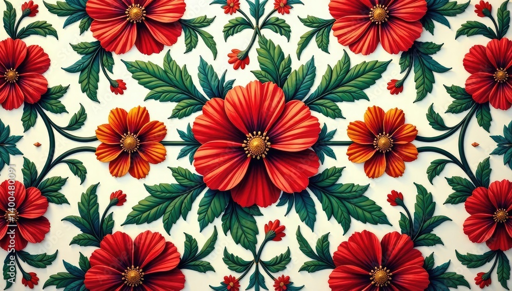 Intricate floral textile design, repeating motif, leaves, spring, nature Intricate floral textile design, repeating motif, leaves, spring, nature