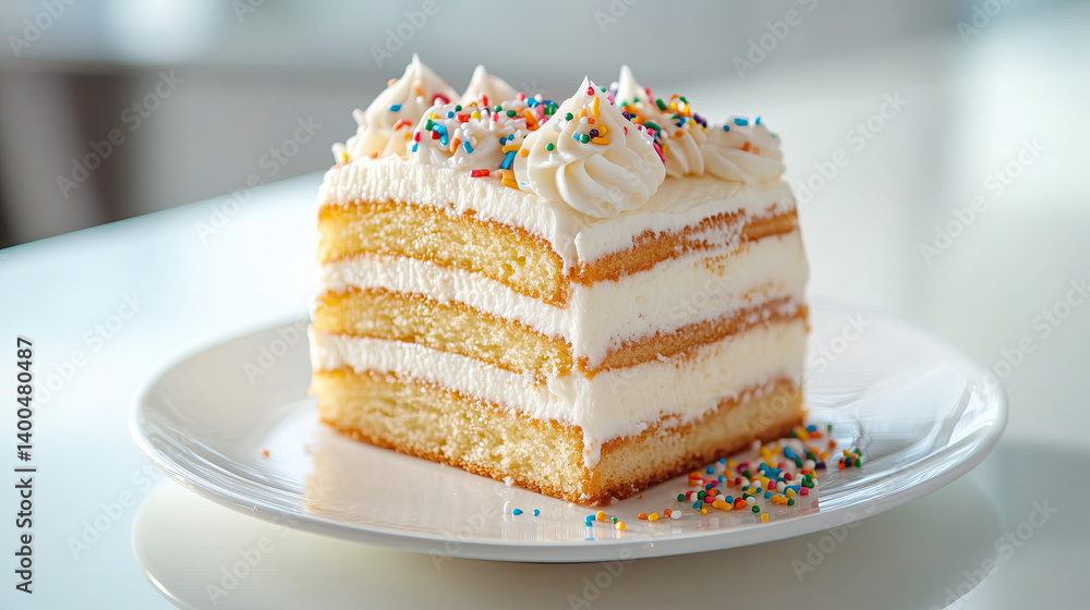 Delicious cake slice with creamy frosting and colorful sprinkles, perfect for celebrations and sweet moments Delicious cake slice with creamy frosting and colorful sprinkles, perfect for celebrations and sweet moments