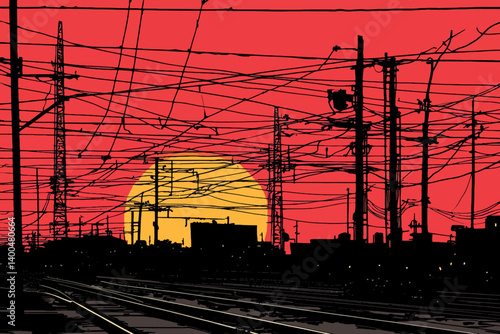 Railroad and high voltage pylons at sunset
