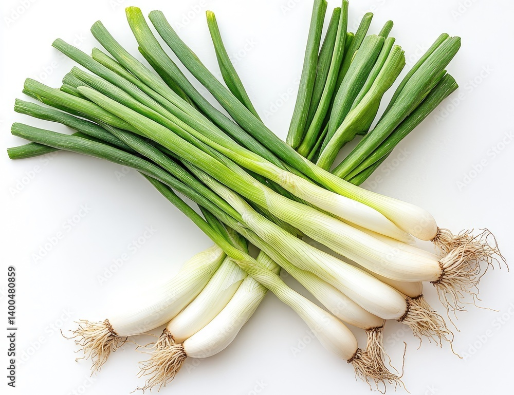 Fresh green onions, vibrant green stalks, and white bulbs, arranged on a white background. Roots visible Fresh green onions, vibrant green stalks, and white bulbs, arranged on a white background. Roots visible