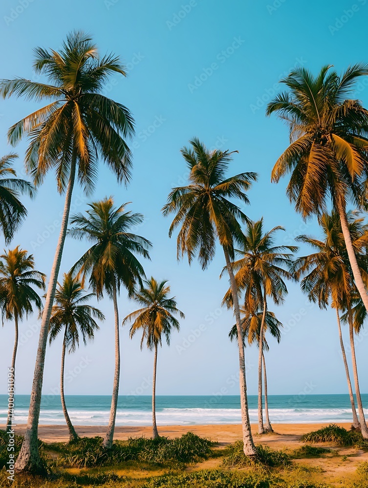 Palm trees on tropical beach under clear sky Palm trees on tropical beach under clear sky