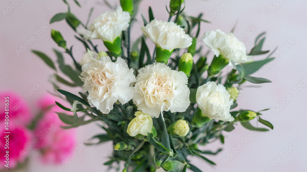 White Carnations in a Bouquet Against a Soft Pink Background White Carnations in a Bouquet Against a Soft Pink Background