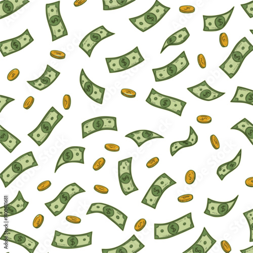 Seamless pattern of raining money doodle. Falling Dollar Banknotes, gold coins in sketch style. Vector illustration
