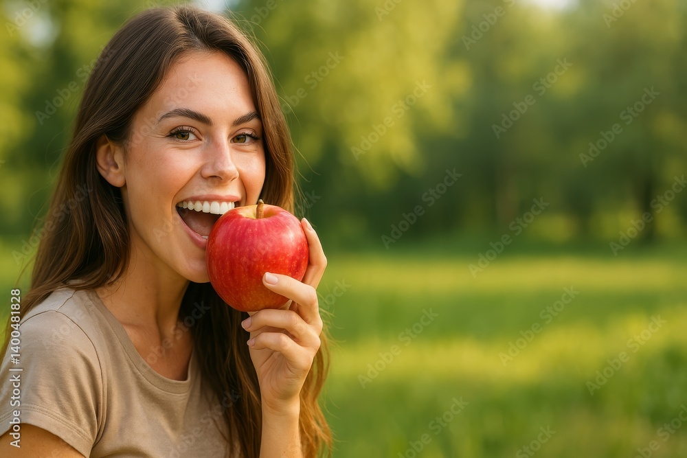Woman Enjoying a Fresh Apple in a Sunny Green Field During a Bright Afternoon Woman Enjoying a Fresh Apple in a Sunny Green Field During a Bright Afternoon