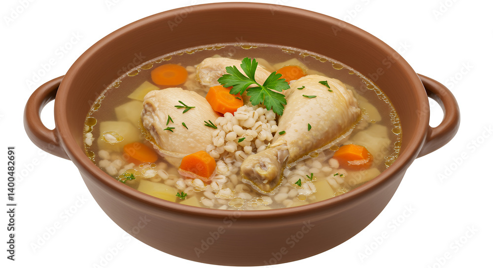 Chicken and Barley Vegetable Soup in Brown Bowl, Transparent Background Chicken and Barley Vegetable Soup in Brown Bowl, Transparent Background