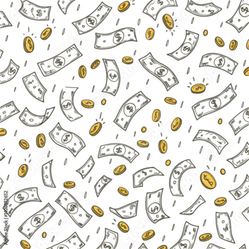 Seamless pattern of raining money doodle. Falling Dollar Banknotes, gold coins in sketch style. Vector illustration
