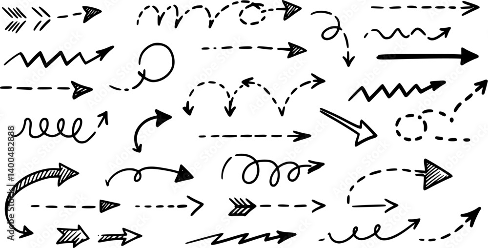 Dash line arrows doodle set. Dotted zigzag arrow stripes, curved pointers. Hand drawn vector illustration isolated on white background
Dash line arrows doodle set. Dotted zigzag arrow stripes, curved pointers. Hand drawn vector illustration isolated on white background