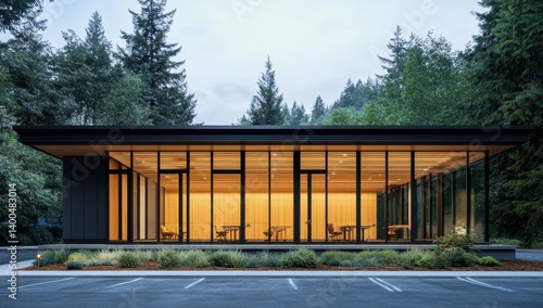 Modern minimalist contemporary building nestled within lush greenery, featuring large windows and a spacious interior, bathed in soft ambient light