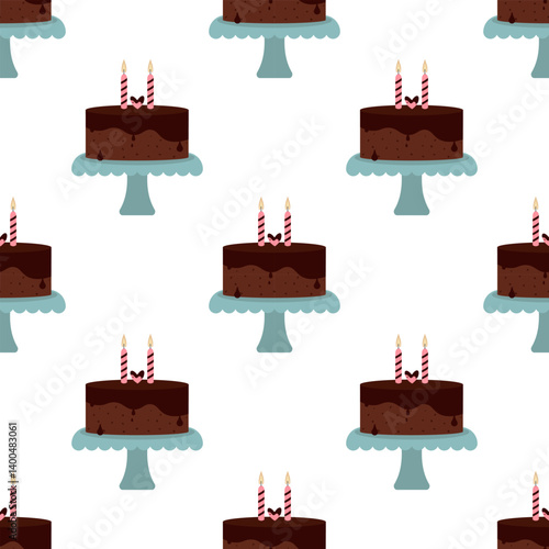 Seamless pattern with chocolate cake with candles. Vector flat background for birthday.