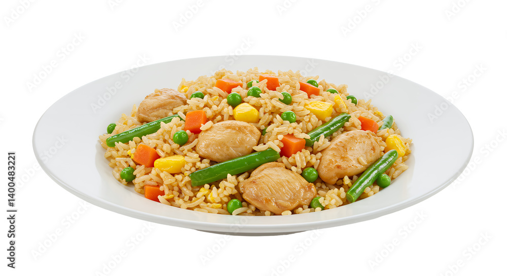 Chicken and Vegetable Fried Rice on White Plate Transparent Background Chicken and Vegetable Fried Rice on White Plate Transparent Background