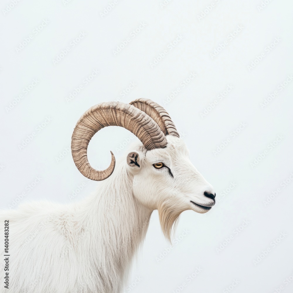 White Mountain Goat with Curved Horns Standing Against Soft Background White Mountain Goat with Curved Horns Standing Against Soft Background